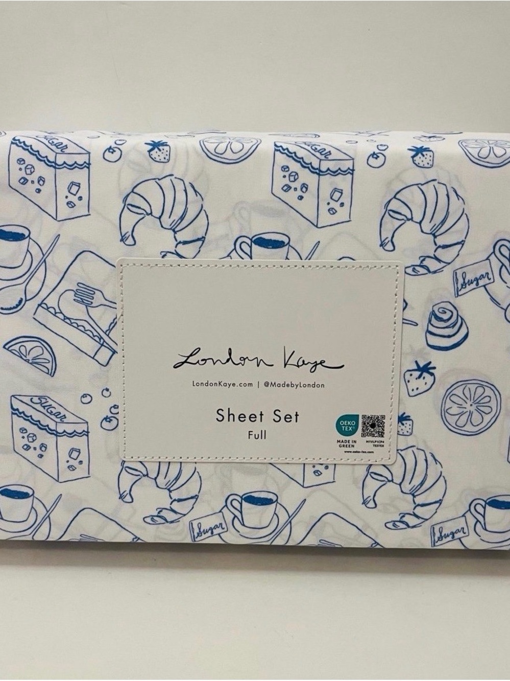 London Kaye Parisian Pastry Full Size Sheet Set White Blue Croissant Coffee